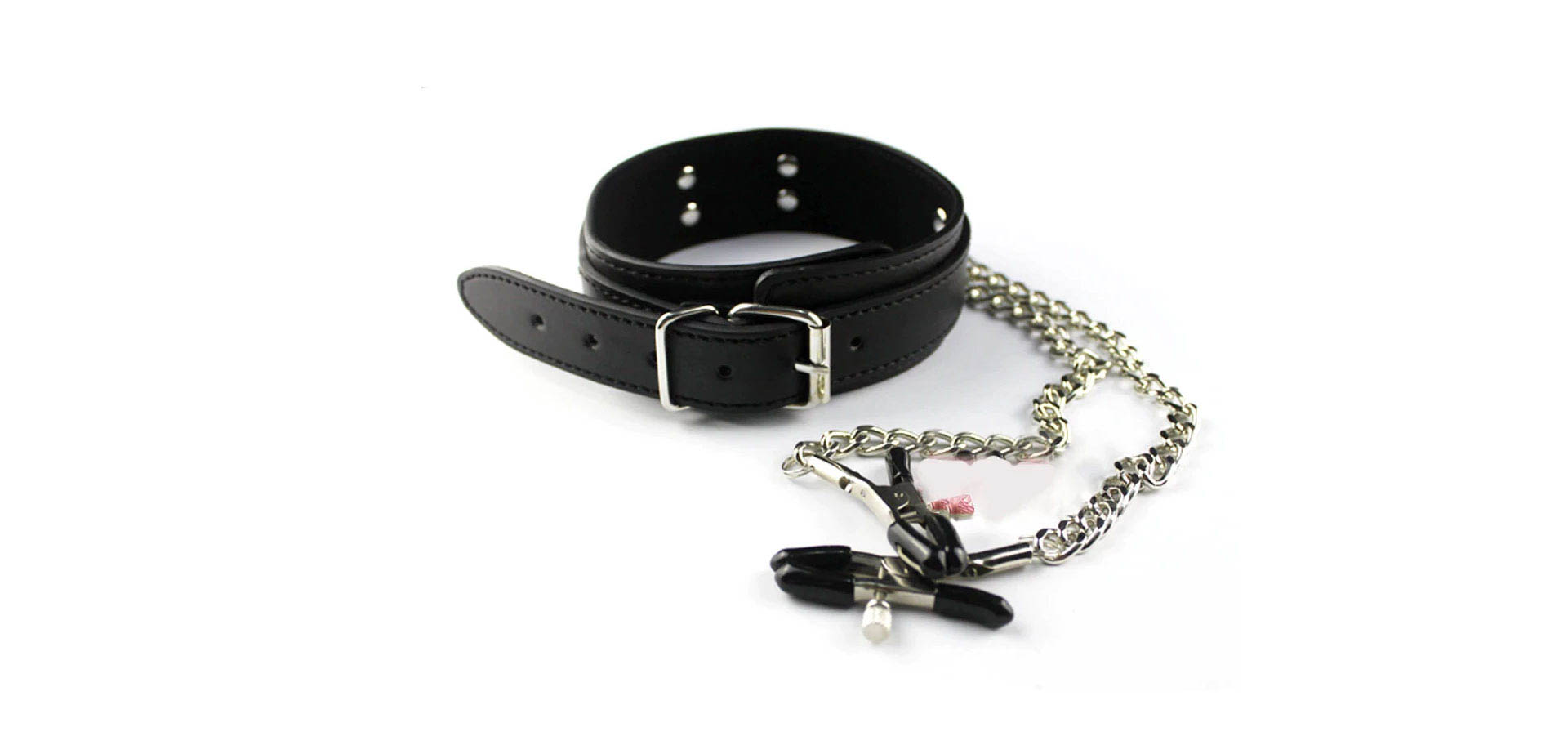 Leather Bondage Collar with Nipple Clips.